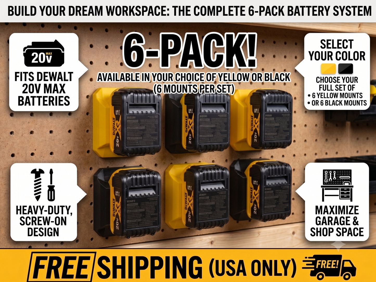 Battery Mount Compatible with DeWalt 20V Batteries | 6 Pack | Heavy-Duty Storage Organizer