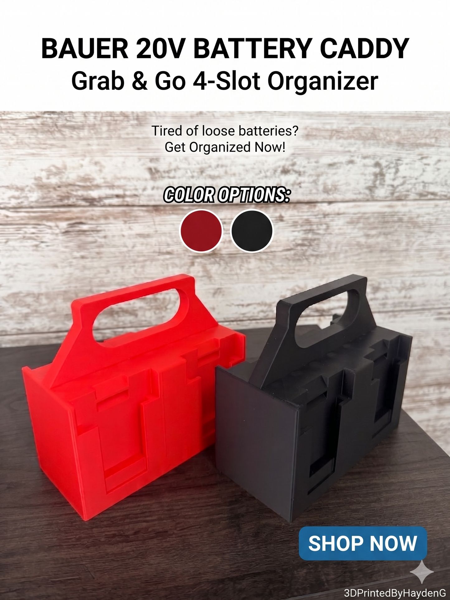 Battery Caddy compatible with Bauer 20V Batteries | Holds 4 Batteries | Heavy-Duty Storage Organizer