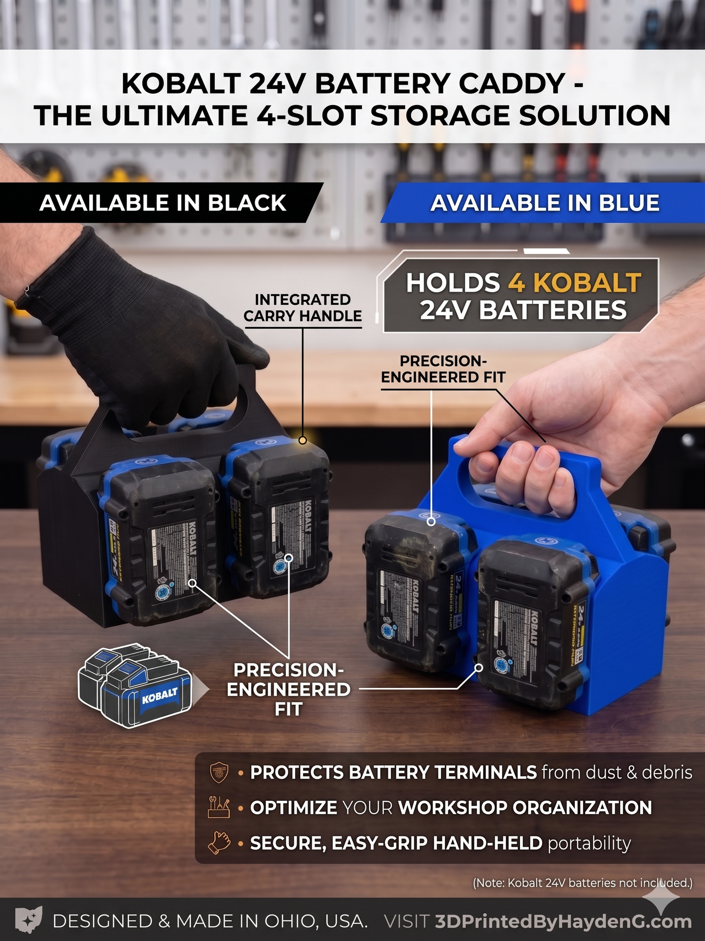 Battery Caddy Compatible with Kobalt 24V Batteries - Holds 4 Batteries - Heavy Duty Storage Organizer